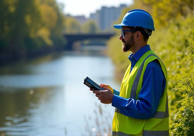 Científico utilizando sensores de alta tecnología en un río urbano